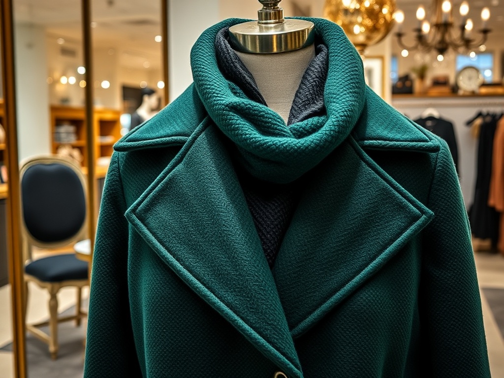 Detaliu al unei jachete verzi cu un guler înalt, expusă într-un magazin de îmbrăcăminte elegant.