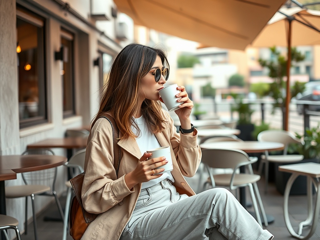 Femeie într-o cafenea, savurând o ceașcă de cafea, îmbrăcată elegant cu o jachetă și ochelari de soare.